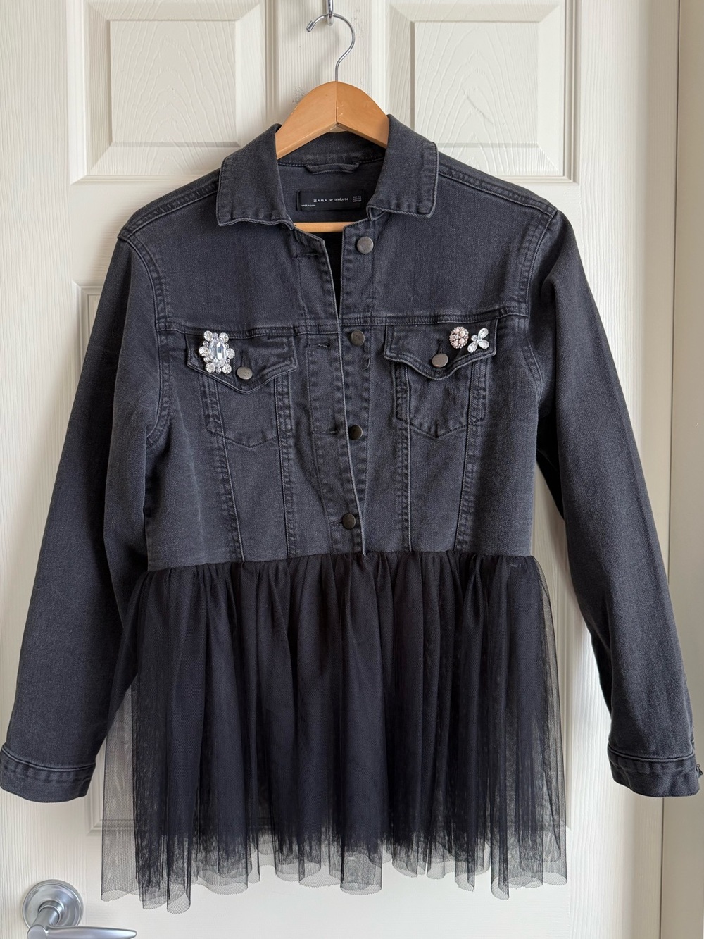 Zara Woman Embellished Denim Peplum Jacket with Tulle Hem | Statement Jacket